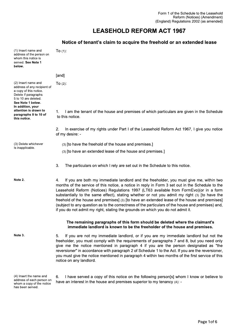 LT60 Notice of tenant s claim to acquire the freehold or an extended lease Leasehold Reform Act 1967 Form 1 [L T50] [LRA1] preview